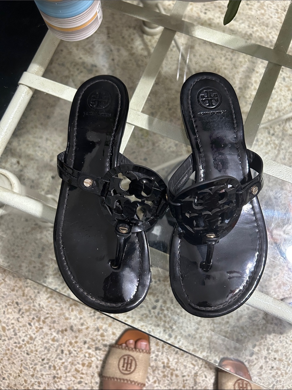 Tory Burch Black Patent Logo Thong Sandals